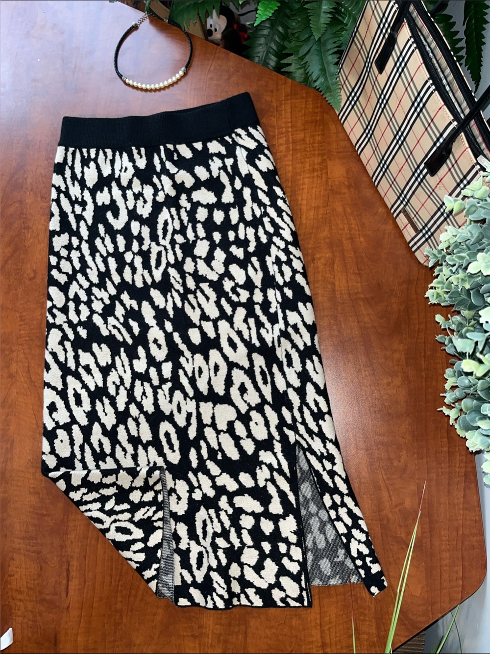 Maxi Skirt Sweater material Black and Cream Leopard Print Knit Wishlist